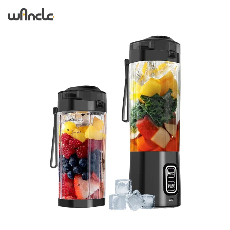 Portable black personal blenders filled with fresh fruit, ice cubes, and digital operation buttons.
