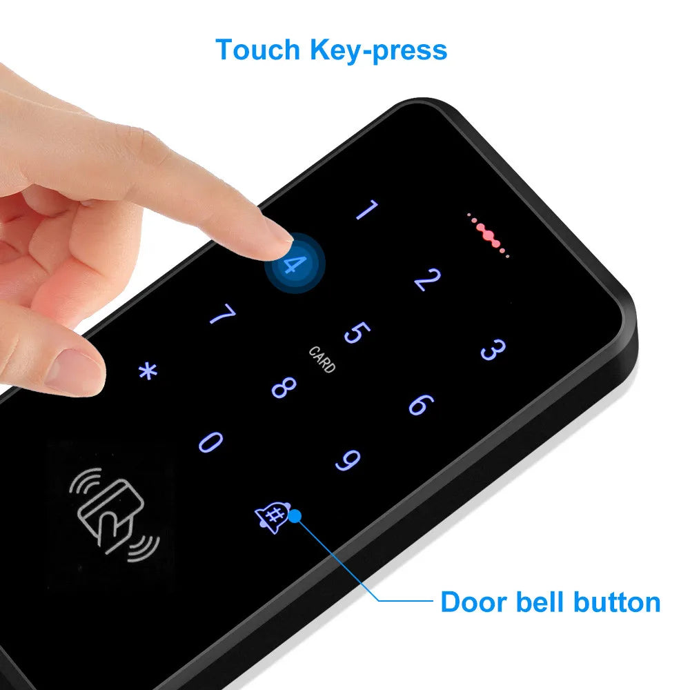Black digital door keypad with touch-sensitive number display, card reader symbol, and doorbell button.
