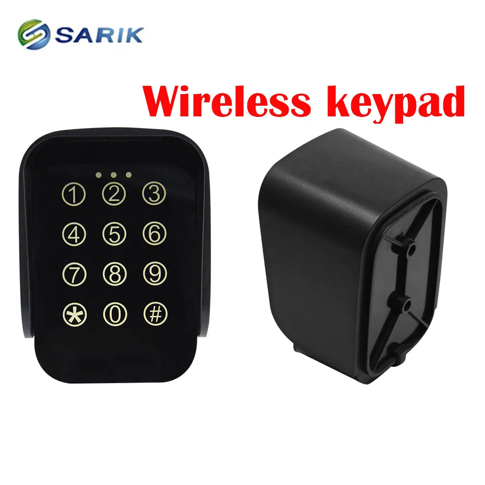 Black plastic wireless keypad with numeric buttons and a mounting back panel, shown from front and side angles.