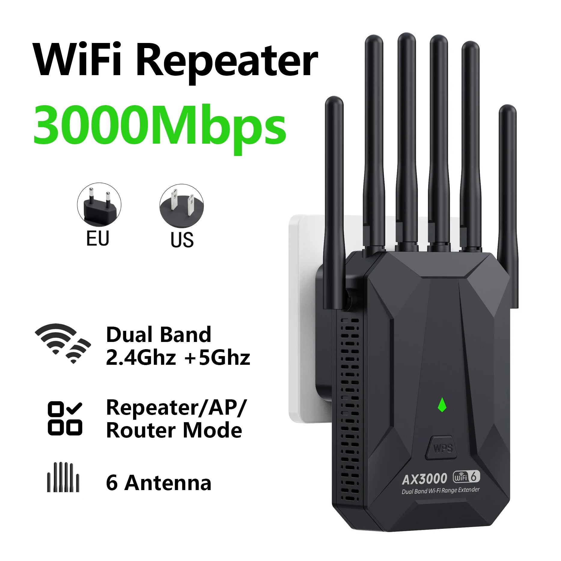 Black WiFi 6 dual-band signal repeater with six external antennas, wall-plug design, and multi-mode functionality.