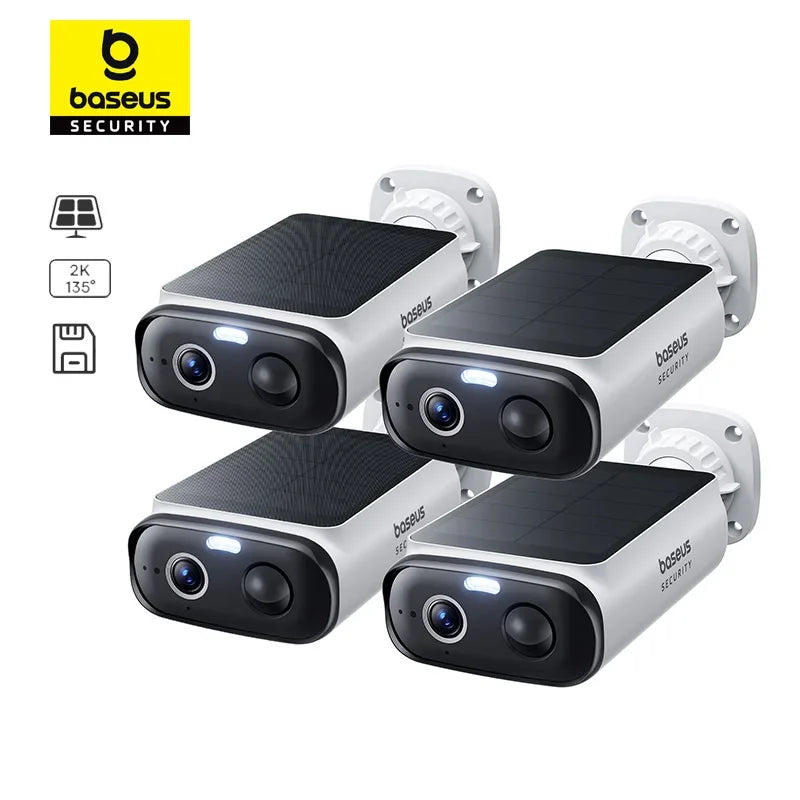 Four white Baseus Security cameras with built-in solar panels, lenses, and mounting brackets.
