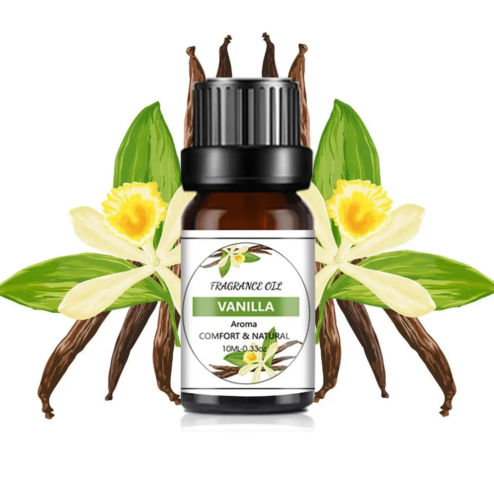10ml amber glass bottle of vanilla fragrance oil, featuring a label with vanilla flower and bean illustrations.