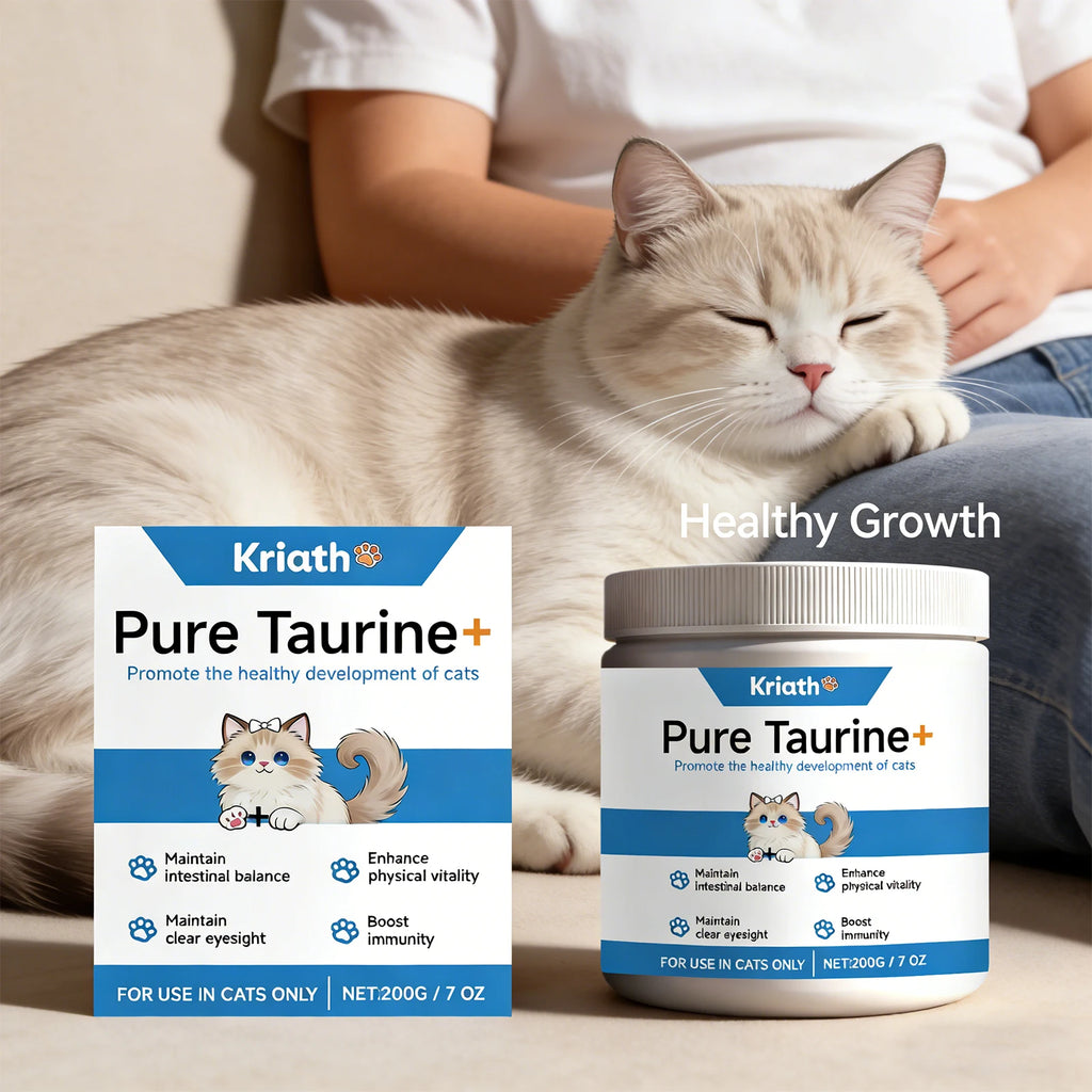 200g tub and box of cat taurine supplement for healthy growth, immunity, eyesight, and digestion.