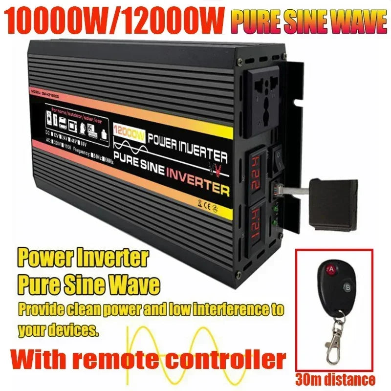Black 12000W pure sine wave power inverter with plug sockets, LED displays, and a wireless remote controller.