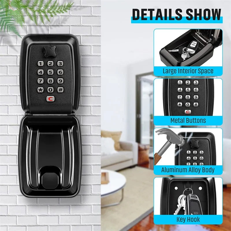 Black wall-mounted aluminum alloy key lock box with a digital keypad and internal key hook.