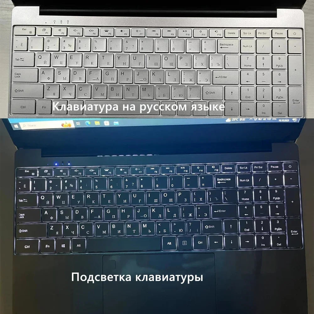 A 15.6-inch laptop featuring a full-size silver keyboard with English and Cyrillic keys and backlighting.