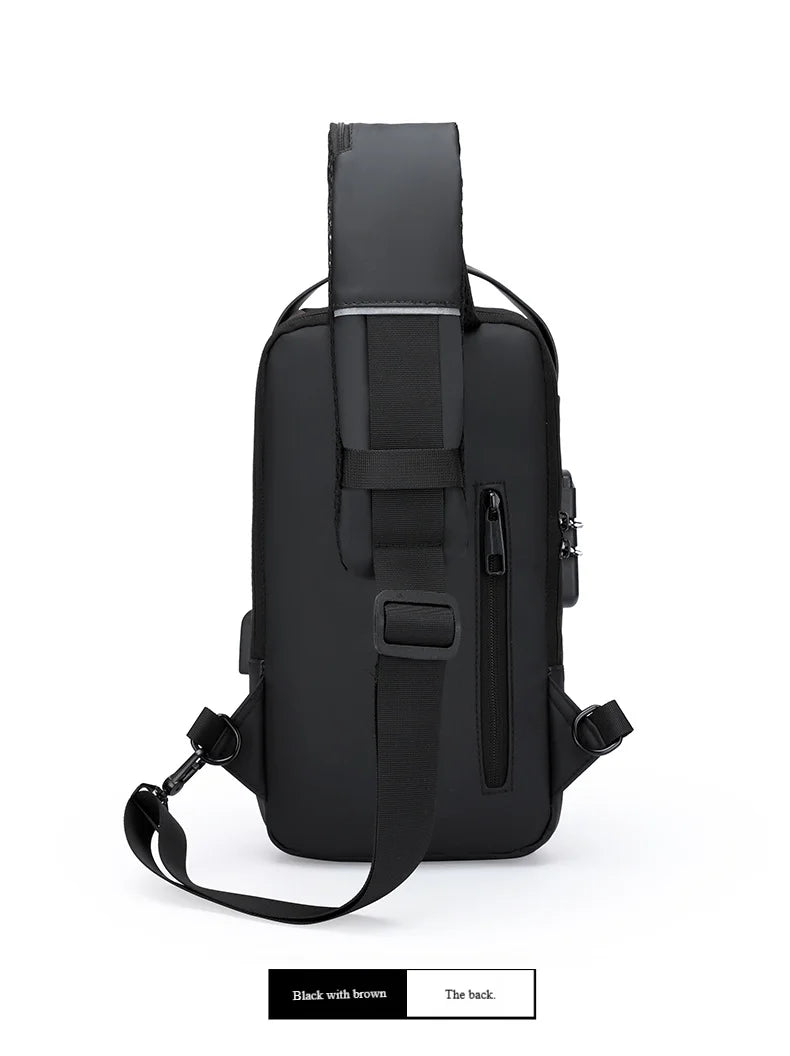 Black anti-theft chest bag with a secure password lock, adjustable shoulder strap, and side USB charging port.