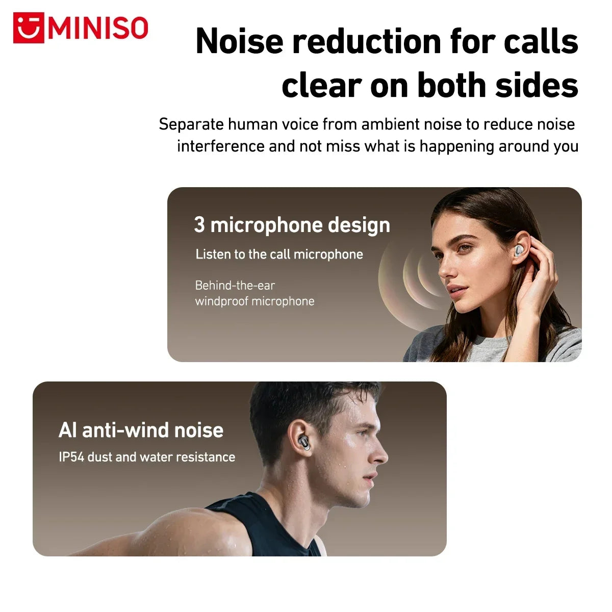 Small, sleek white wireless earbuds in-ear, featuring noise-reduction technology and a three-microphone design.