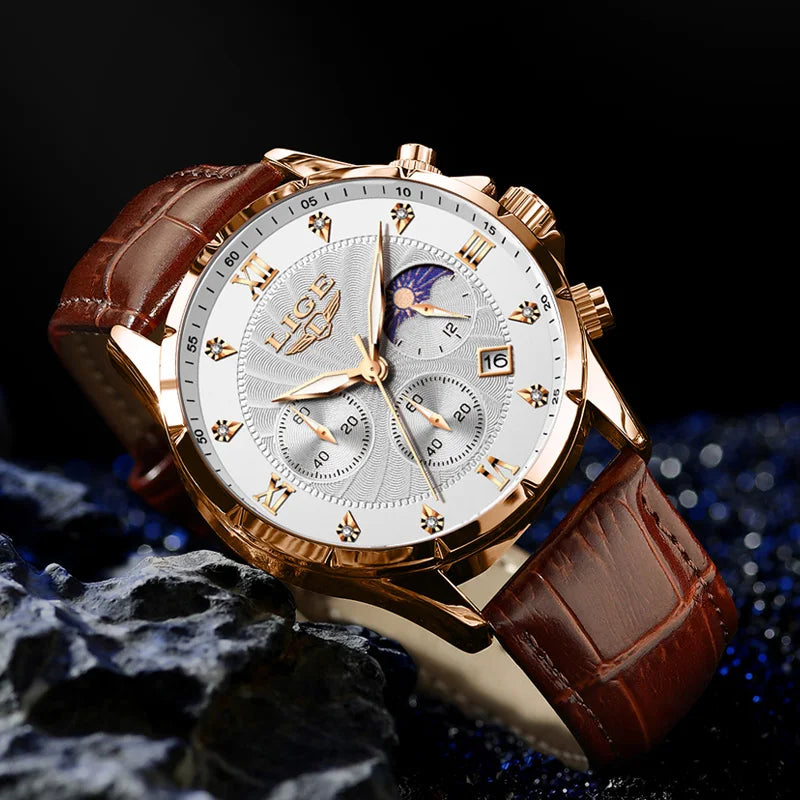 Men's rose gold chronograph watch with a white textured dial, diamond indices, and a brown crocodile-pattern strap.