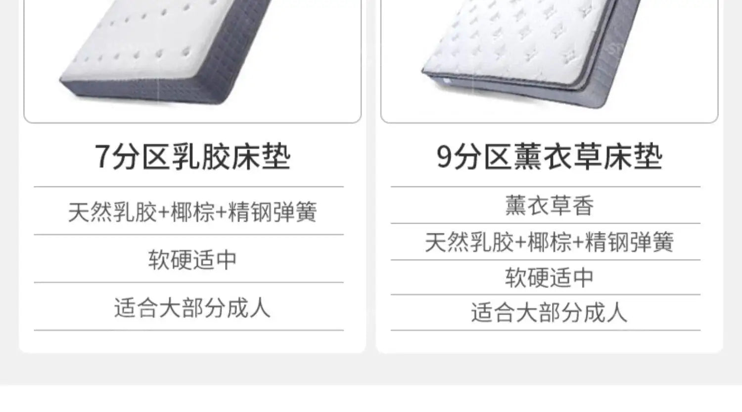 Two white modern mattresses shown side-by-side, each featuring a textured surface and grey quilted side panels.