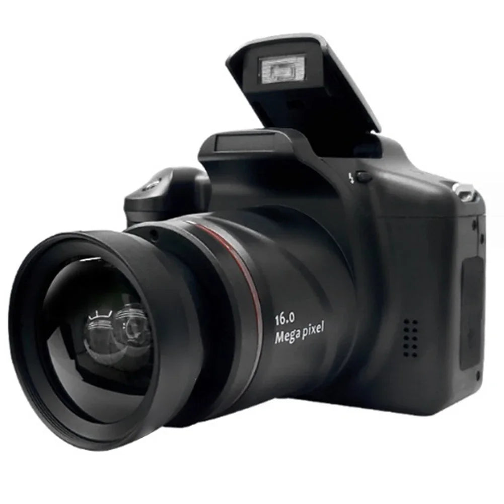 Black digital camera with a 16.0 megapixel lens and a pop-up flash on a plastic body.