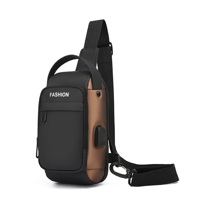 Black and bronze men's anti-theft crossbody sling bag with a built-in USB charging port and adjustable strap.