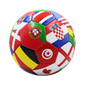 Multi-coloured football featuring a pattern of various international national flags on a white background.