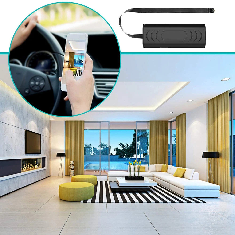 Black plastic mini DIY security camera with a ribbon cable, shown monitoring a living room via a smartphone app.