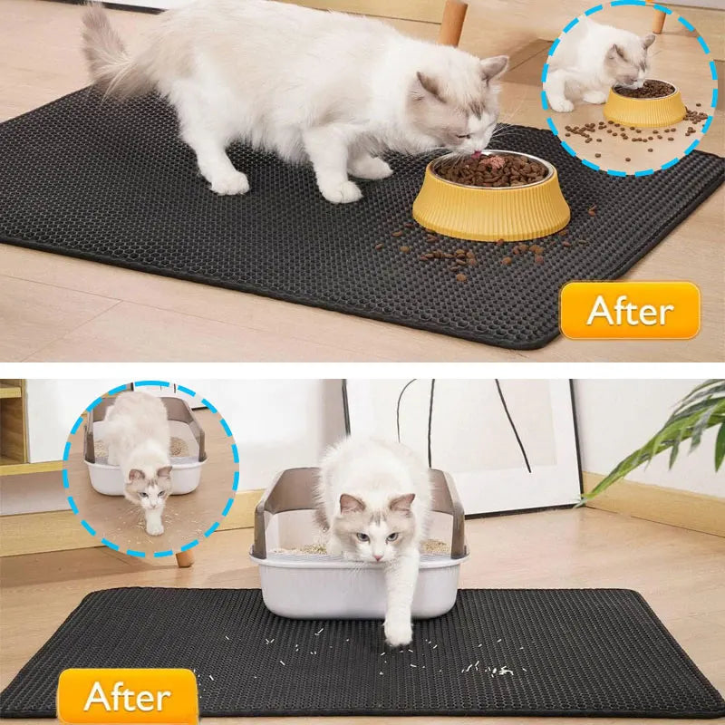 Black, double-layer honeycomb cat litter mat protecting floors from scattered food and litter.