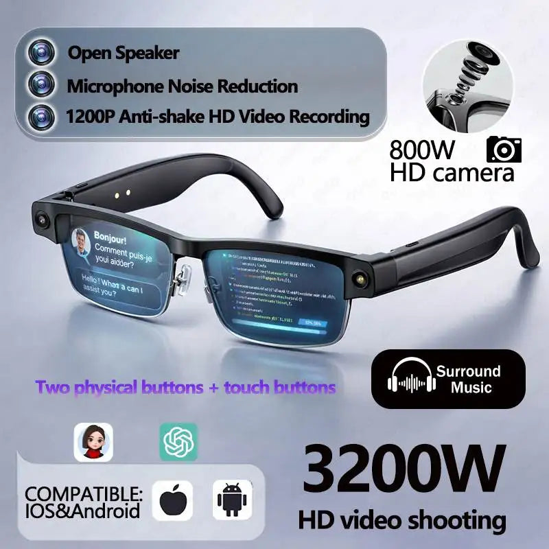 Black smart glasses featuring HD cameras, integrated speakers, voice translation interface, and touch controls.