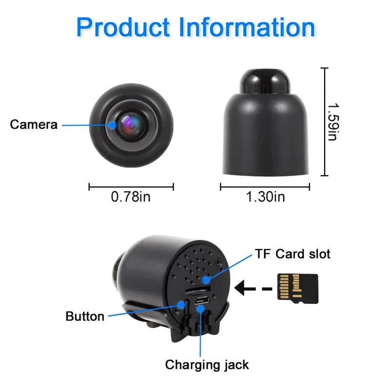 Black plastic mini camera showing dimensions, lens, TF card slot, button, and charging port.