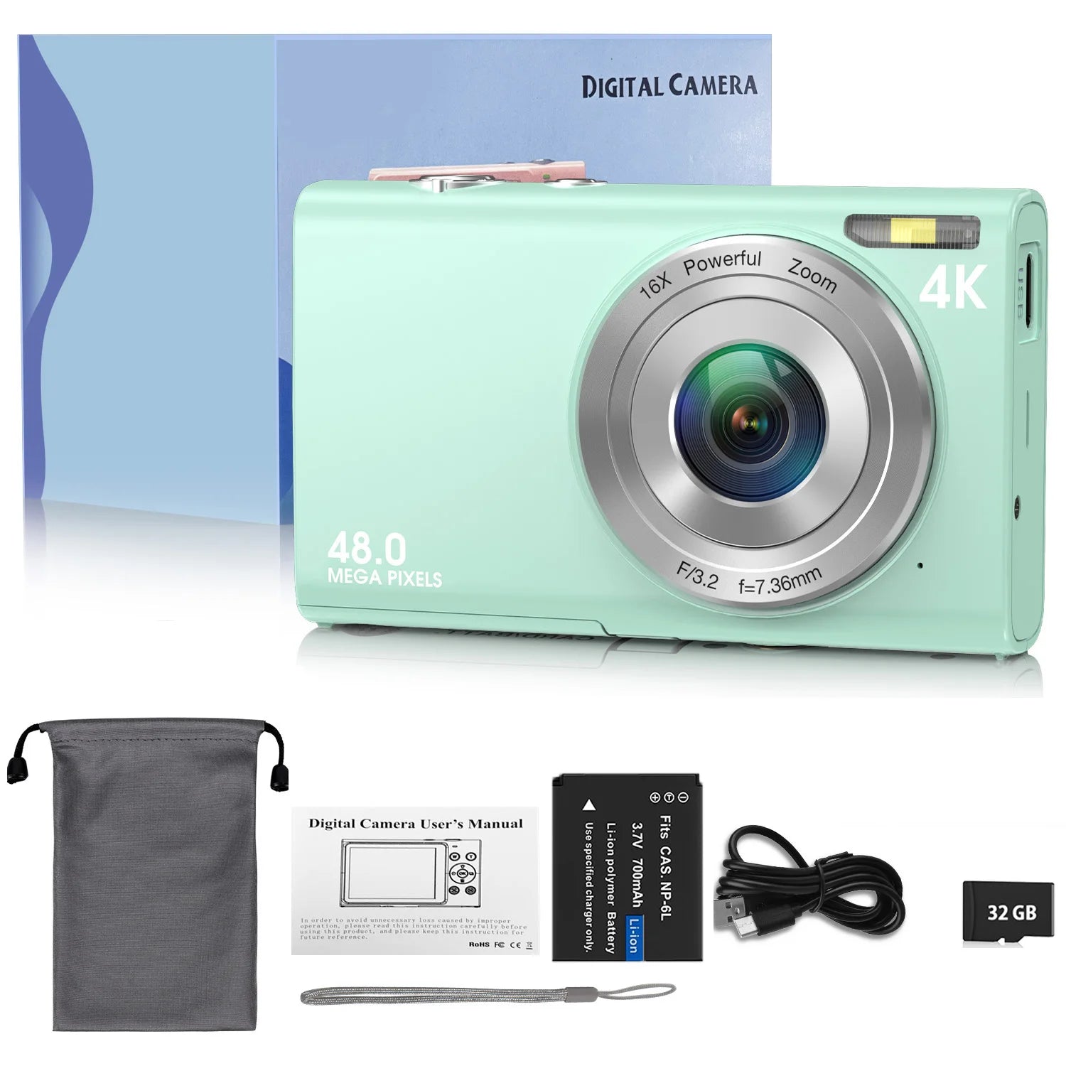 Mint green 48MP 4K digital camera with lens, battery, USB cable, memory card, strap, pouch, and manual.