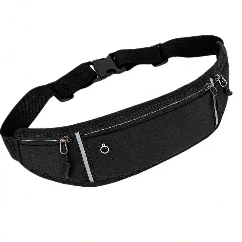 Black slimline running belt with two zip pockets, reflective strips, headphone port, and adjustable buckle strap.