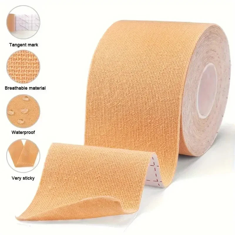 Beige kinesiology sports tape roll on a white background, with four inset icons highlighting product features.