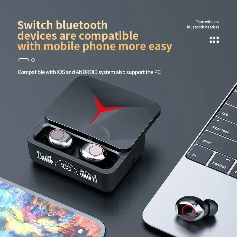 Black wireless earbuds with a charging case featuring a red LED logo, digital battery display, and sleek gaming design.