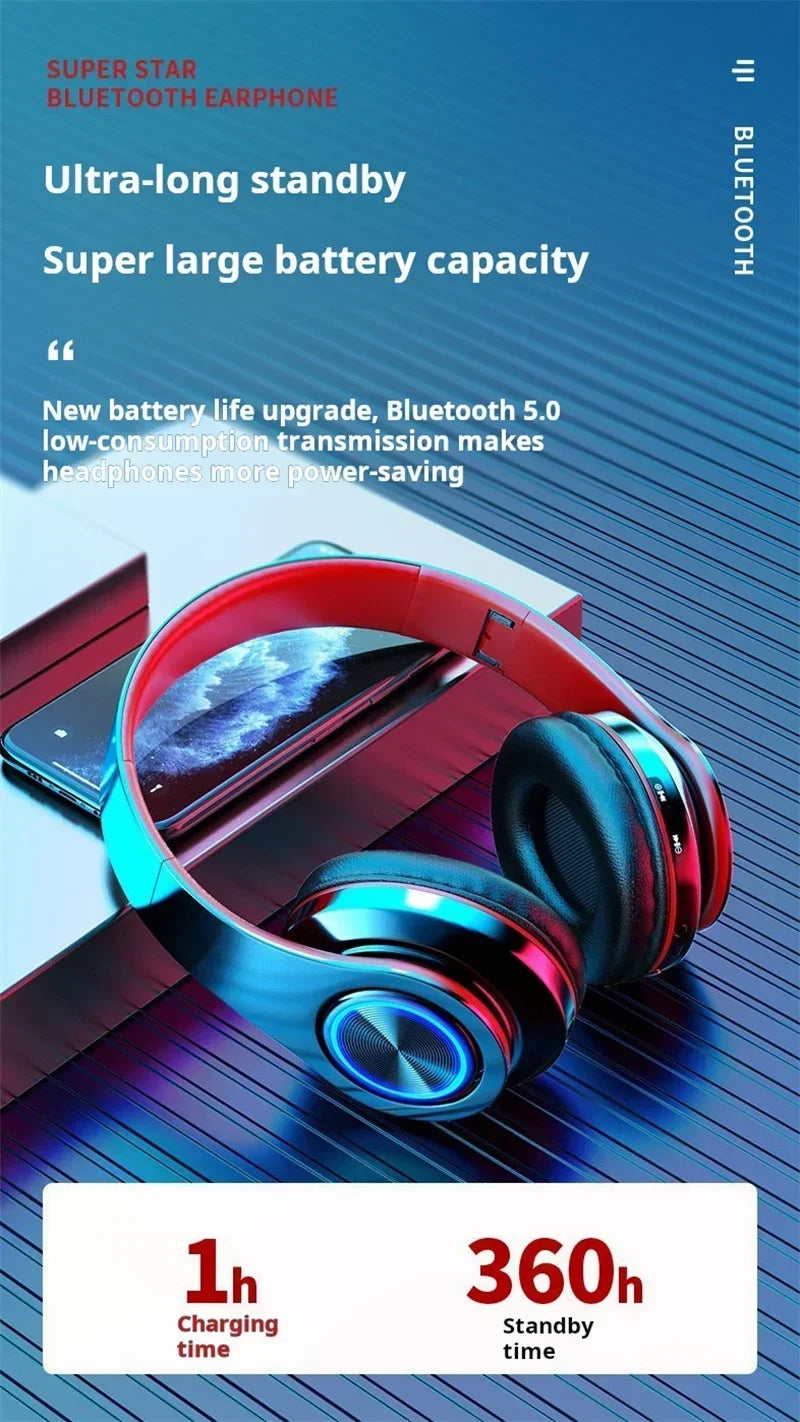 Wireless red and black gaming headset featuring blue LED light accents, comfortable ear cushions, and a sleek design.