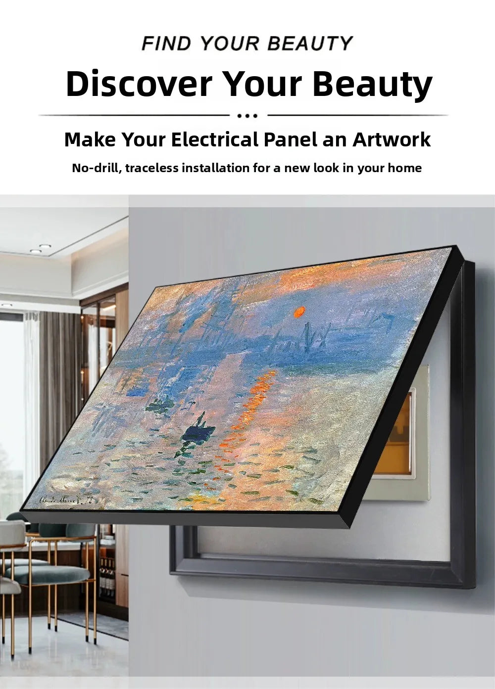 Decorative hinged meter box cover featuring an impressionist sunrise painting in a modern black frame.