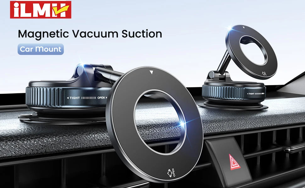 Two black, circular magnetic car mounts with vacuum suction bases, mounted on a car dashboard.