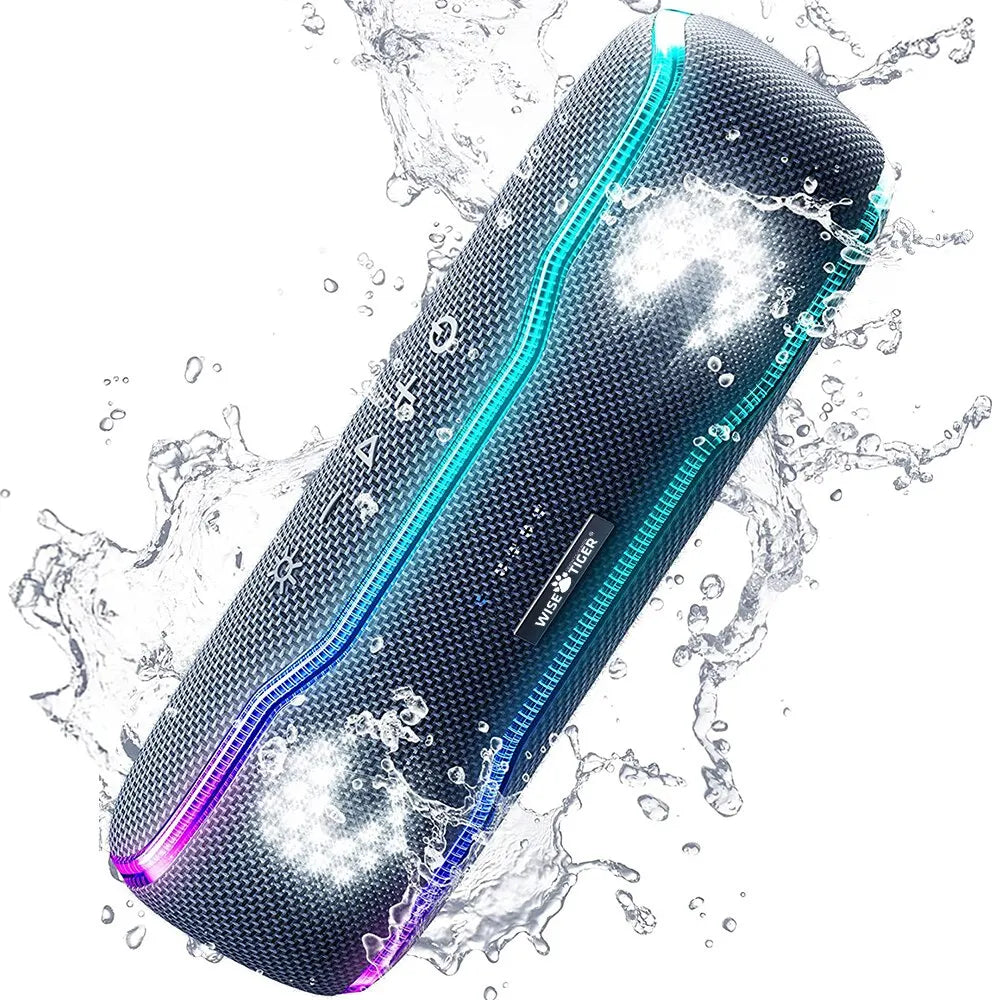 Portable, black cylindrical Bluetooth speaker with colourful LED light strips, shown splashing in water.