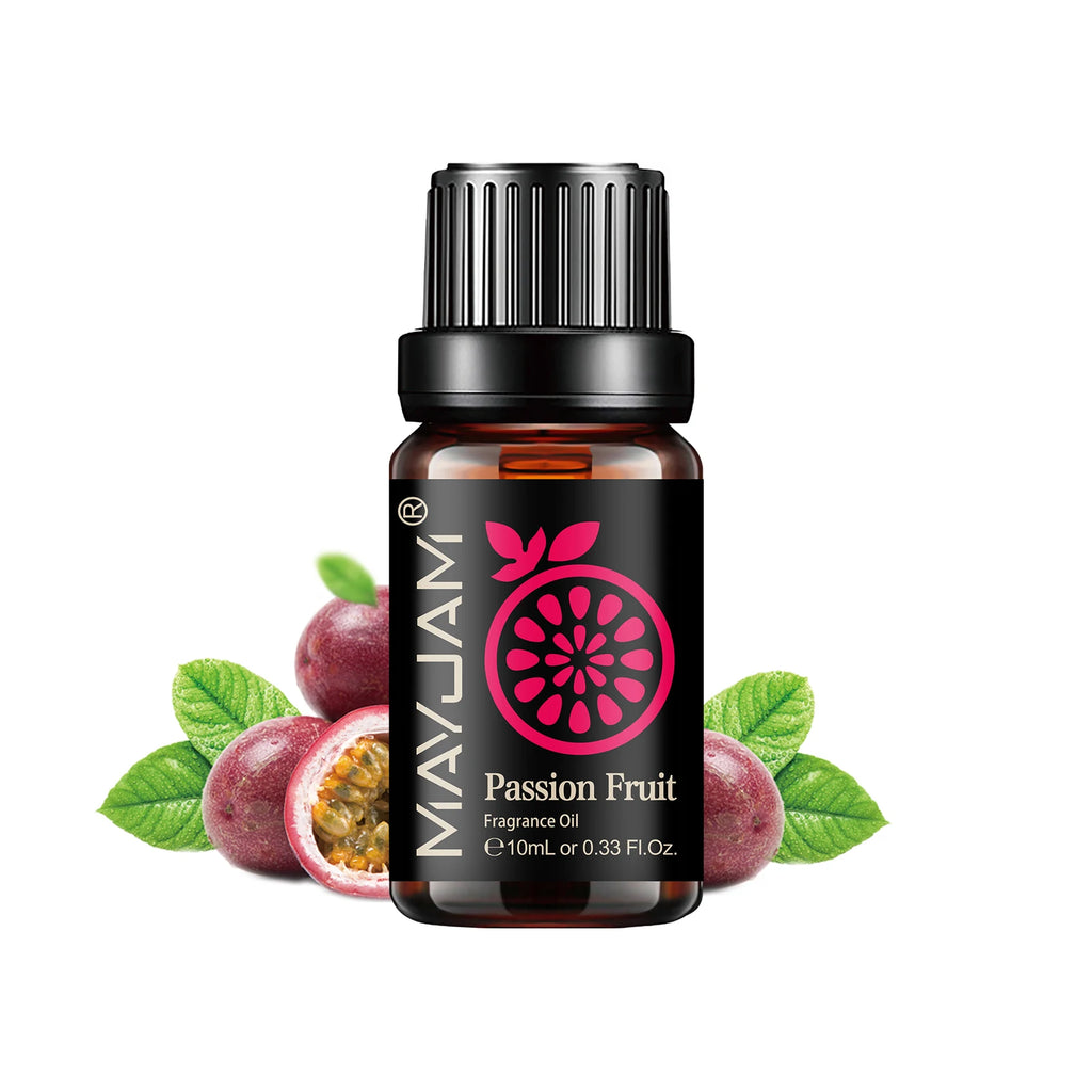 10ml amber glass bottle of Passion Fruit fragrance oil with a black dropper cap and tropical fruit imagery.