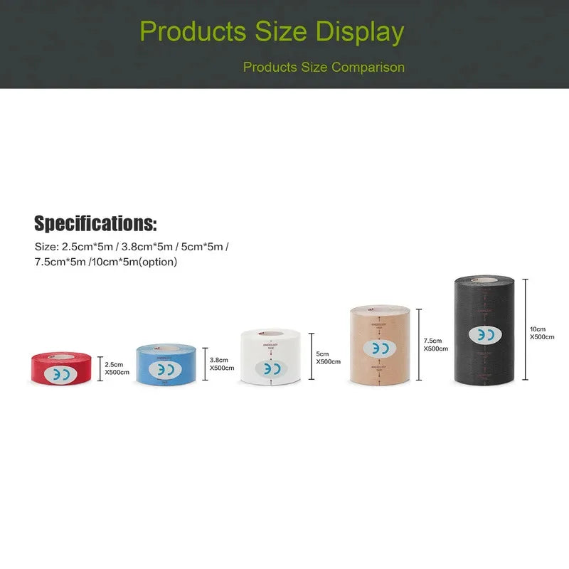 Five rolls of kinesiology tape in red, blue, white, beige, and black, displayed by size with measurement labels.