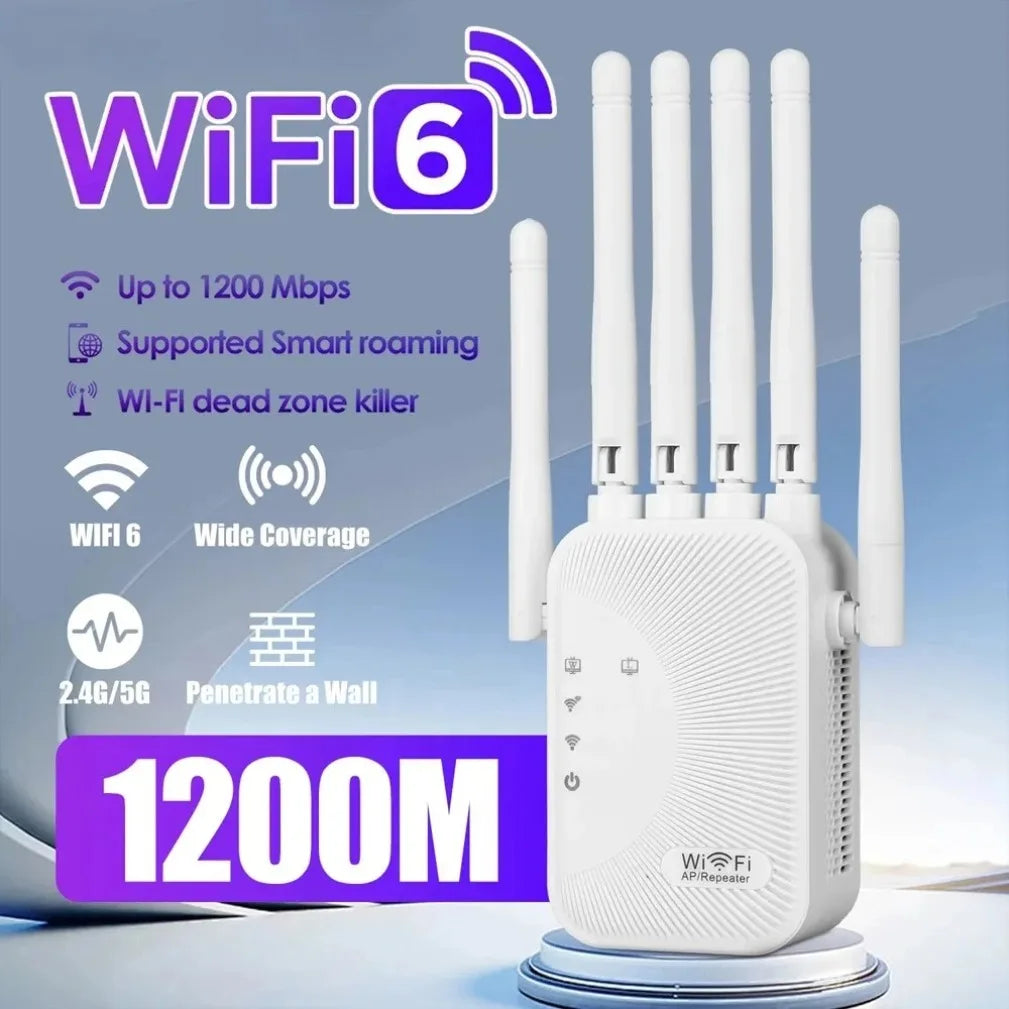 White WiFi 6 signal booster with 5 adjustable antennas, highlighting 1200Mbps speed and wall-penetrating technology.
