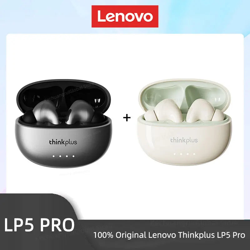 Two pairs of wireless earbuds in open charging cases: one metallic grey, one white, both with rounded, modern designs.