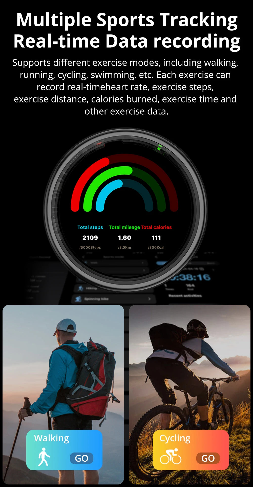 Smart ring with a digital display showing fitness metrics like steps, distance and calories for walking and cycling.