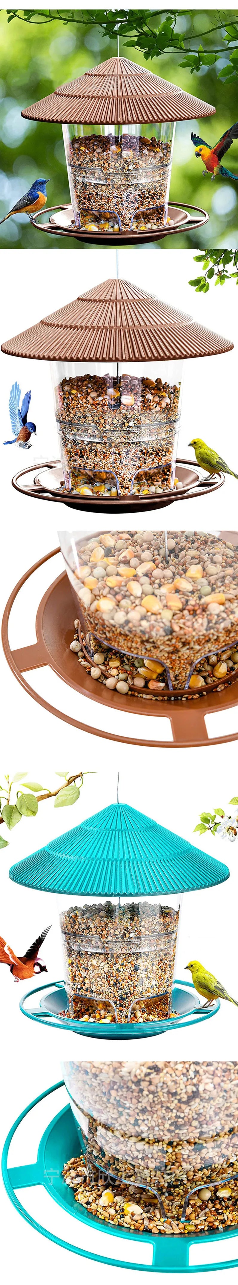 Hanging bird feeders with clear seed containers and ribbed roofs in brown or teal, attracting various small wild birds.