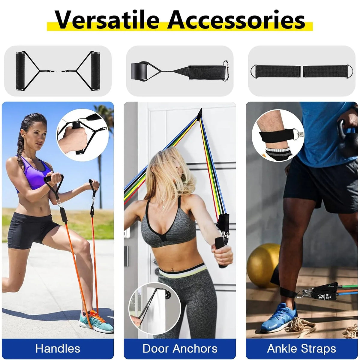 11-piece resistance bands set with multi-colored tubes, black handles, door anchors, and ankle straps.