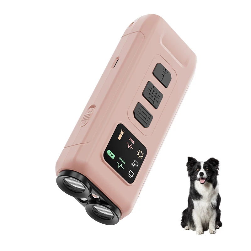 Blush pink, rechargeable dog training device with LED strobe, control buttons and an LCD display, shown with a dog.