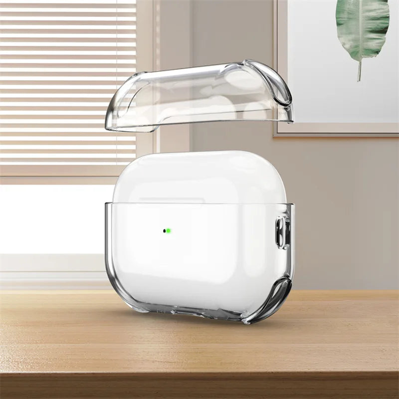 Clear, protective plastic case for AirPods Pro on a wooden desk.