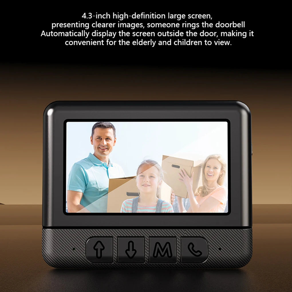 Black 4.3-inch wireless video doorbell with a clear screen showing visitors, button controls, and night vision.