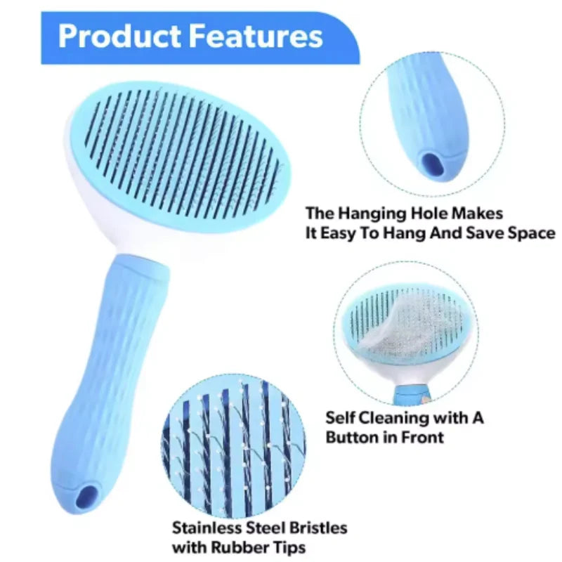 Blue and white self-cleaning pet slicker brush with stainless steel bristles, rubber tips, and a hanging hole.