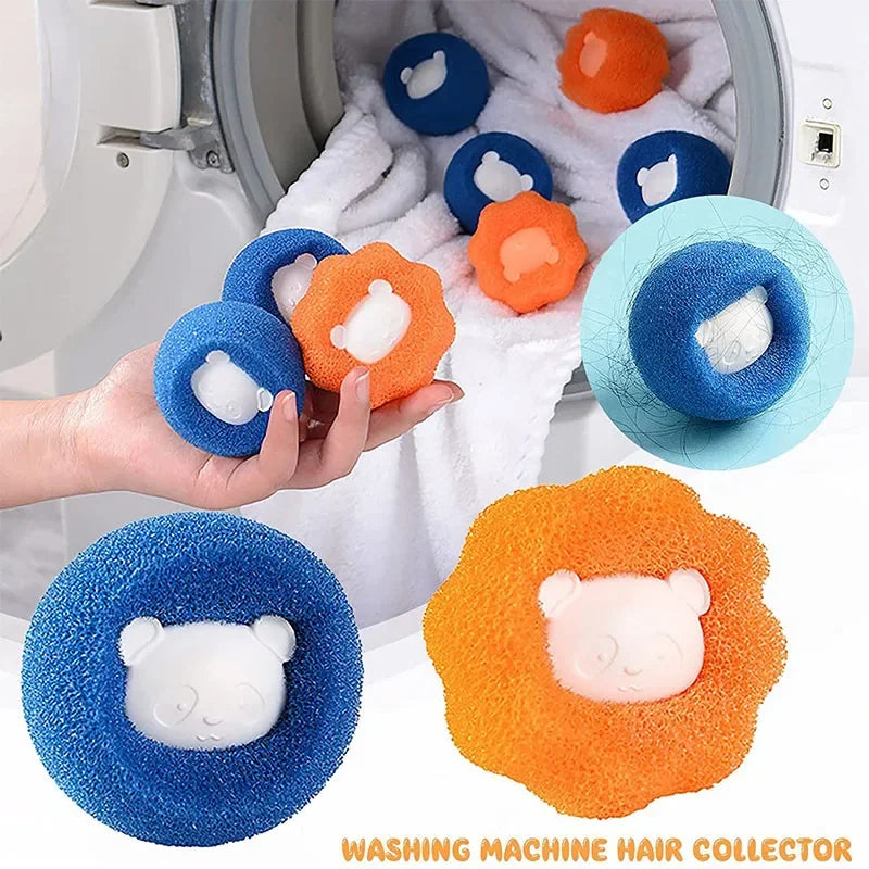Blue and orange mesh hair-catching laundry balls with cute panda designs for washing machines.