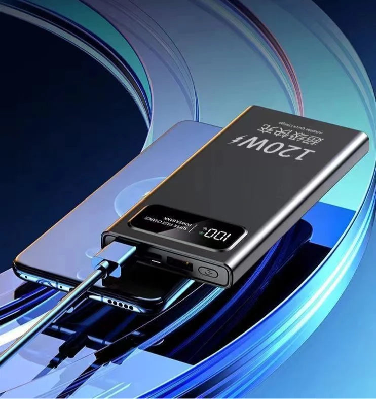Sleek black 20,000mAh portable power bank with a digital LED battery display and fast-charging cable.
