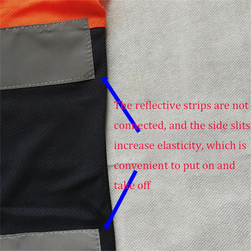 Orange and black safety t-shirt with reflective strips and side slits.