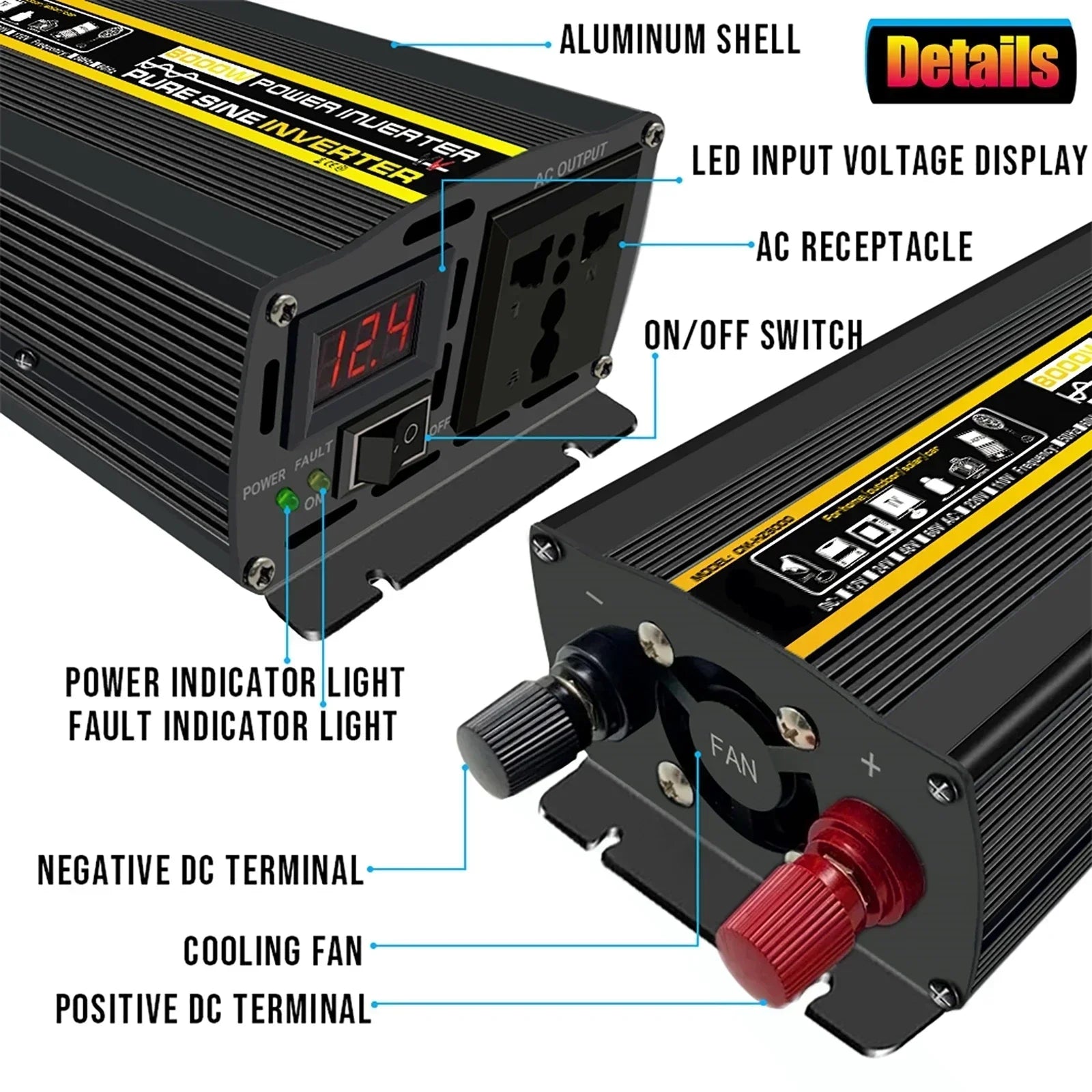 Black 12000W power inverter with aluminium shell, LED voltage display, AC output, cooling fan, and DC terminals.
