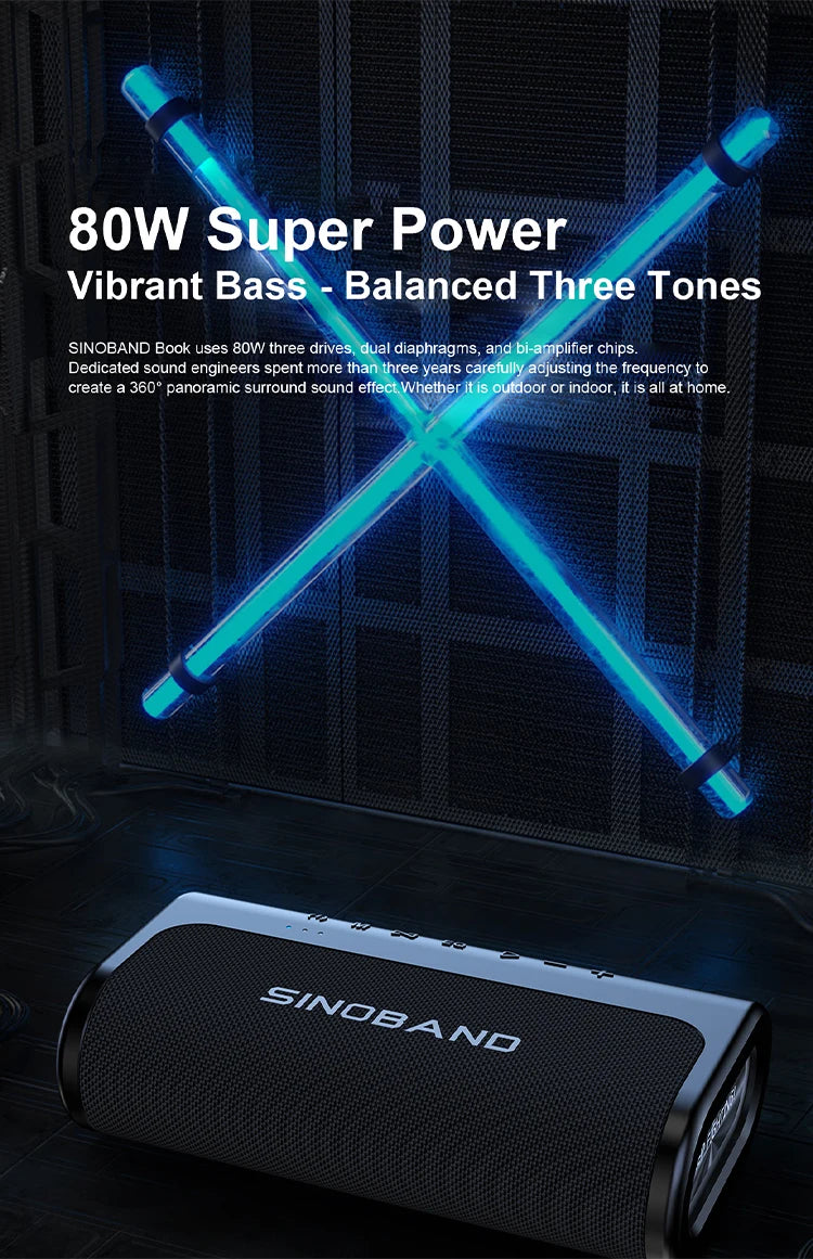 Black 80W portable Bluetooth speaker with mesh finish and top-mounted control buttons against a neon-lit background.