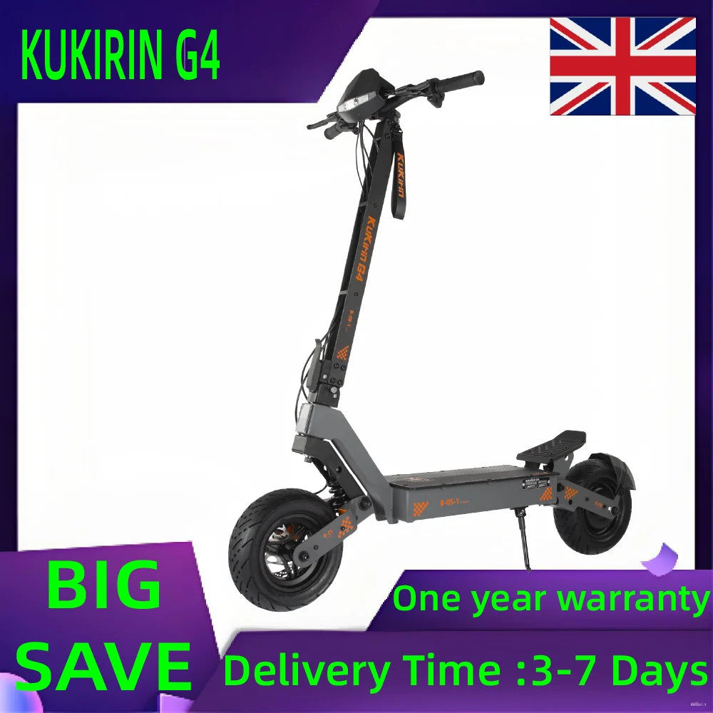 KuKirin G4 black adult electric scooter with large tubeless tires, dual-shock suspension, and folding frame.