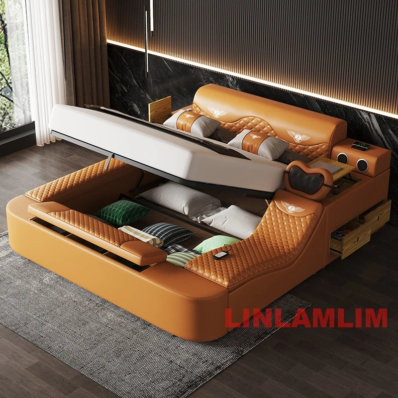 Tan luxury leather bed with integrated storage, lift-up mattress base, built-in side tables, speakers and LED lighting.