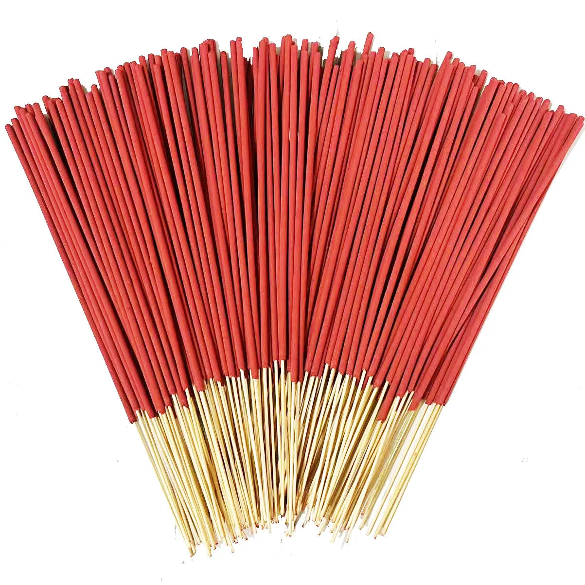 A fan-shaped bundle of unscented, vibrant red incense sticks with natural bamboo bases.