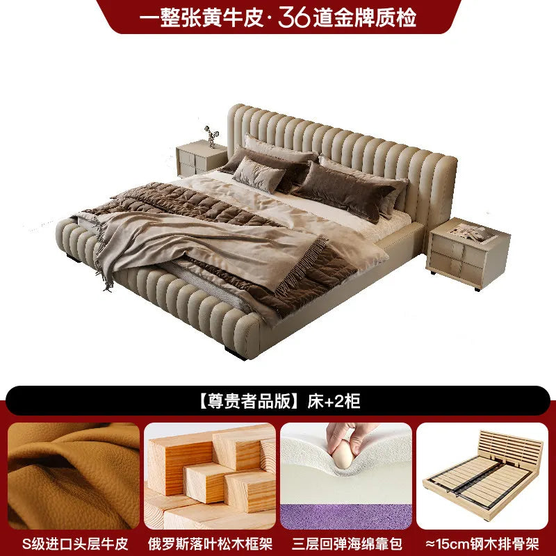 Modern cream leather storage bed with a tufted headboard, low-profile frame, and two matching bedside tables.