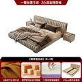 Modern cream leather storage bed with a tufted headboard, low-profile frame, and two matching bedside tables.